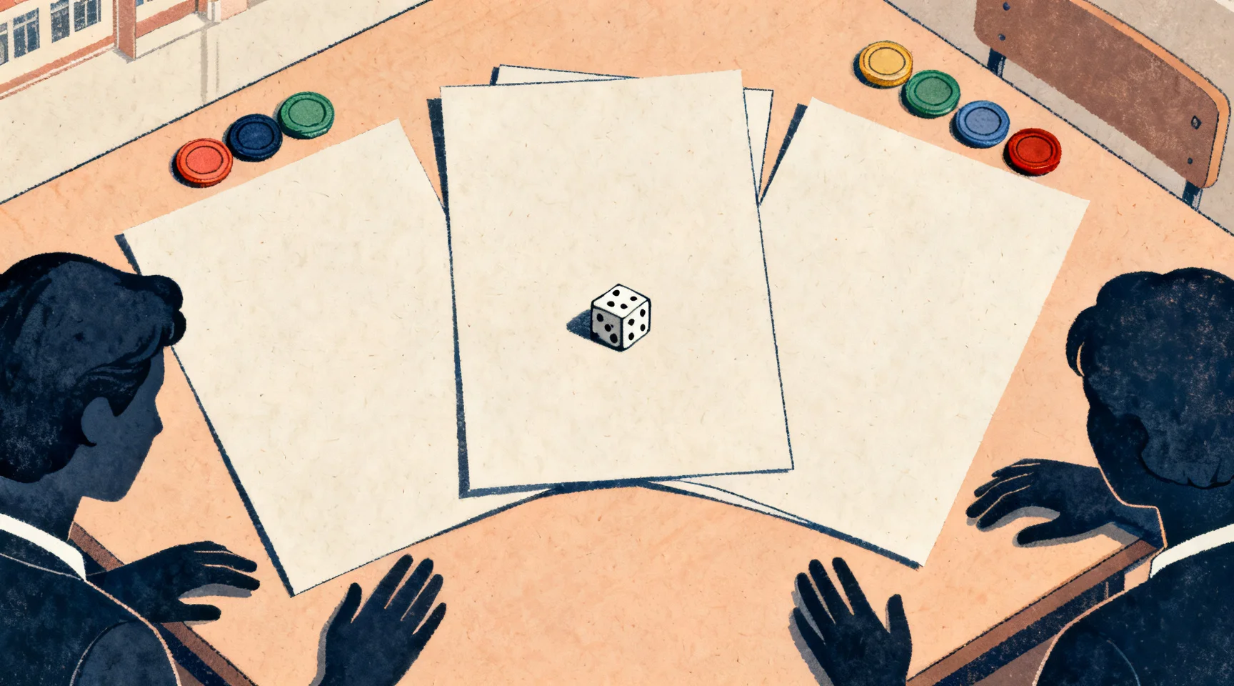三张空白表格扇形铺开，桌边六枚彩色棋子和一颗骰子