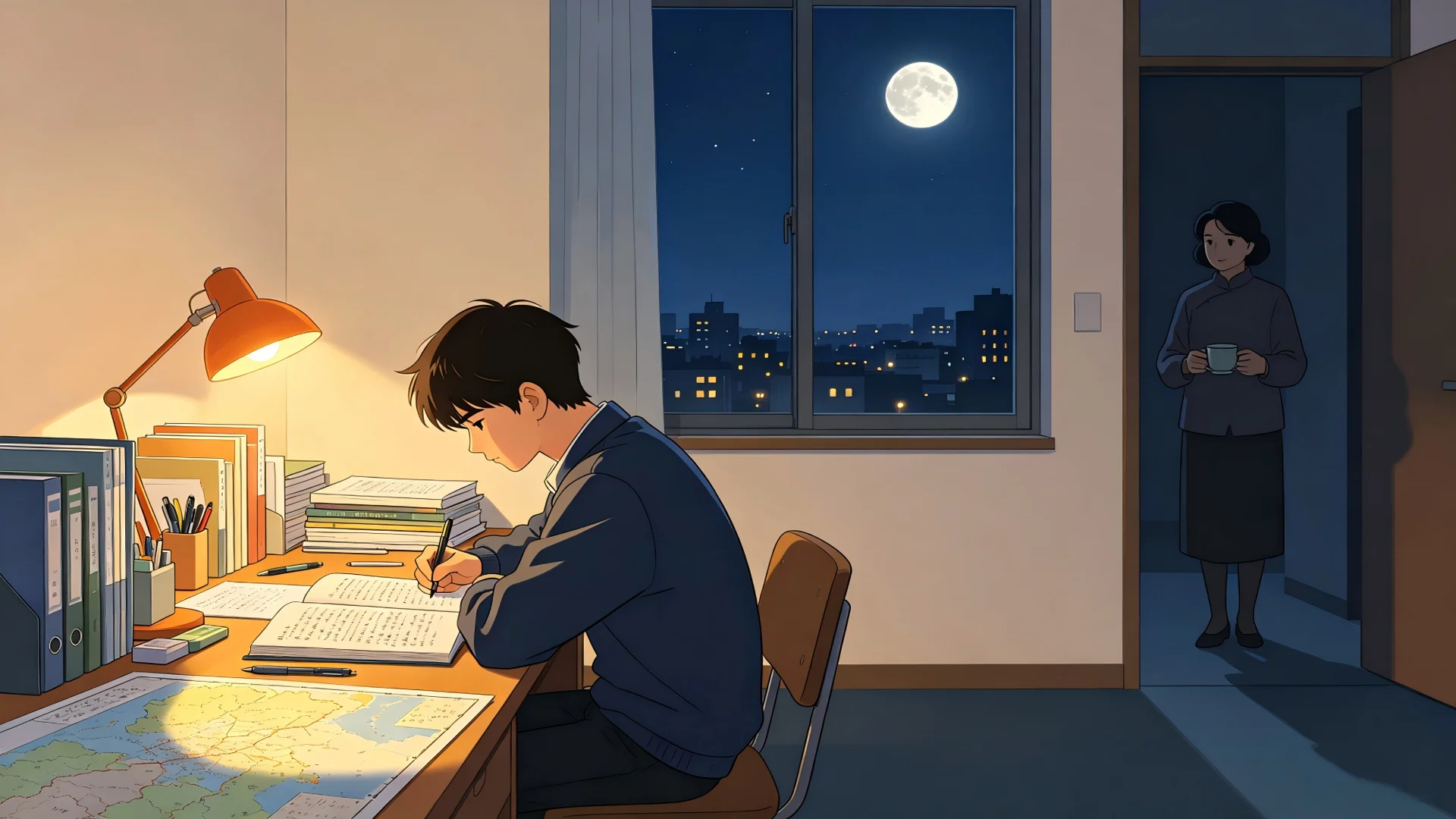 高中阶段：书桌旁少年与家长，窗外微光