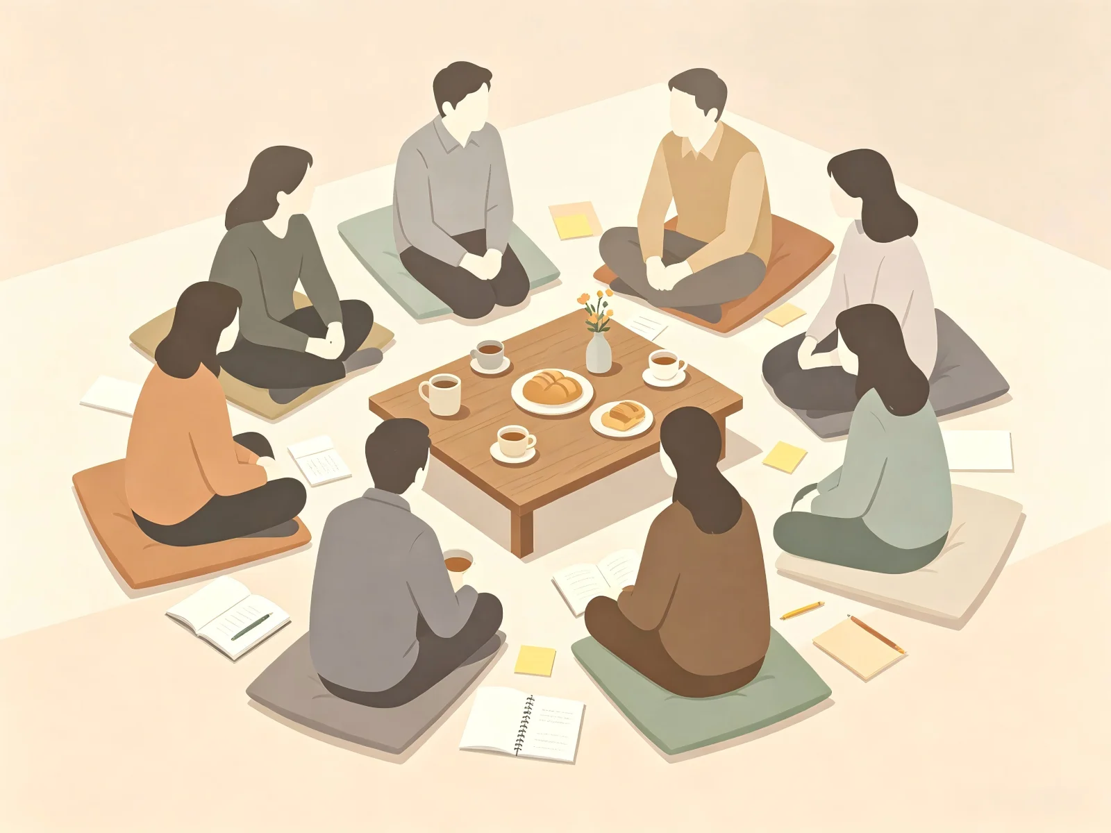 公益插画：家长围坐交流，茶与笔记本