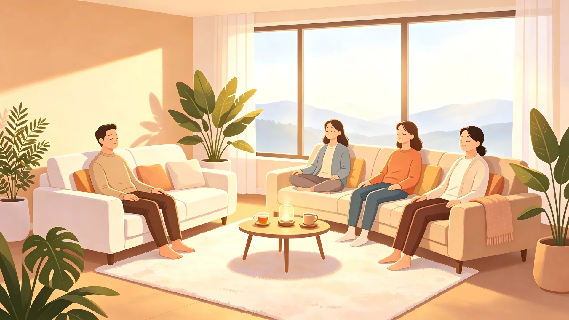 心理健康插画：家长闭眼静坐